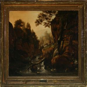Mountain Scenery With Shepherds By A River