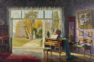 Interieur Mit Klavier Und Sicht In Den Garten.