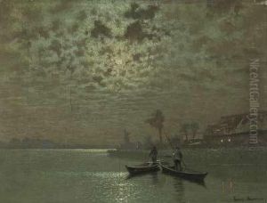 Angler Im Nachen Auf Mondbeschienenem See by Ernst Lorenz-Murowana