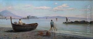 Veduta Di Ischia Dalla Spiaggia Con Pescatori Alle Reti