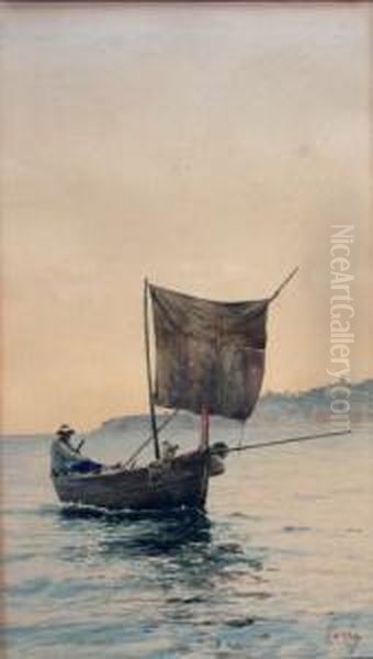 Pescatore Nel Golfo - Acquerello Su Cartone - view 1