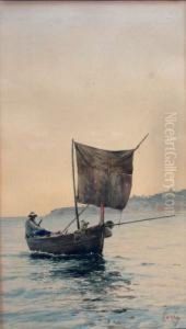 Pescatore Nel Golfo - Acquerello Su Cartone
