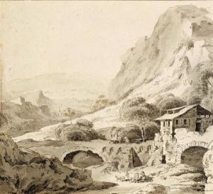 Mountain Valley With Herdsman And Cows And Packhorse On A Bridge Mountain Valley With Herdsman And Cows And Packhorse On A Bridge