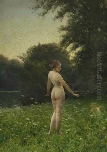 Nymphe Und Putto Am Waldteich. by Heinrich Lossow