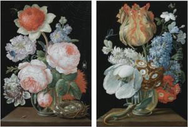 Still Life With Tulips, 
Hyacinths, Jasmine, Auriculas And Other Flowers In A Glass Vase On A 
Ledge, Together With A Lizard, A Damsel Fly And A Bumblebee;
 Still Life With Roses, Anemones And Other Flowers In A Glass Vase On A 
Ledge, Together With A - view 1