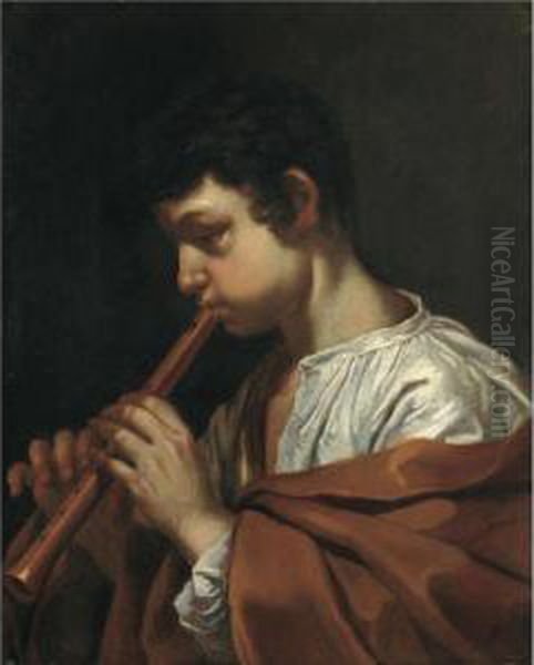 A Young Boy, In Profile, Playing A Pipe - view 1