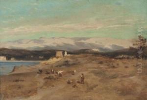 Gardien De Troupeau En Bord De Cote by Emile Loubon
