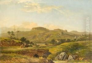 Paysage De Provence Anime De Personnages Sur Un Pont by Emile Loubon