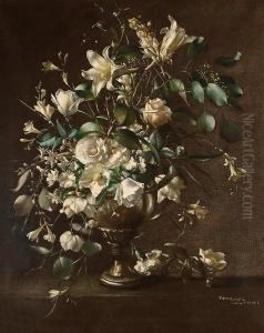 Still Life Of Mixed White Flowers In A Pewter Vase. by Terence Loudon