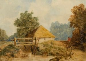 Figure Beside A Thatched Cottage And Woodenbridge by Thomas Lound