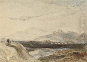 Figures And Cattle Below A Ruined Castle by Thomas Lound