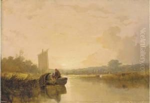 Evening On The River Yare At 
Whitlingham, With Figures In A Boat Inthe Foreground, Norwich Castle And
 Cathedral Beyond