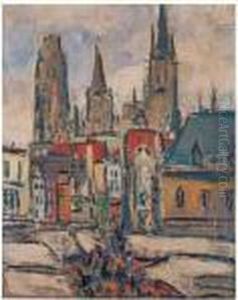 le Marche Rue De L'epicerie Et La Cathedrale De Rouen by Maurice Louvrier