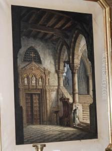 Lovati Interno Di Chiesa Con 
Monaciacquarello Su Carta, Cm 6x45, In Bella Cornice Dorata Avassoio