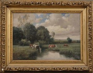 Cattle By A Quiet Brook. by Clinton Loveridge