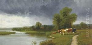 Cattle Grazing By A River by Clinton Loveridge