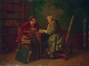 Konversation Zweier Herren In Einer Bibliothek.