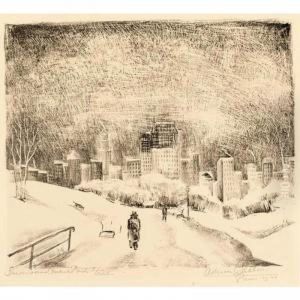 Snow Over Central Park Together With Two Woodcuts By Jan Van Der Zee