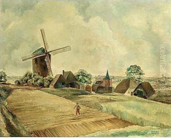 A Peasant On His Land With A Windmill Beyond - view 1