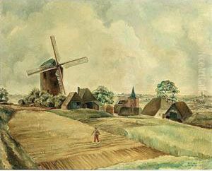 A Peasant On His Land With A Windmill Beyond by Adriaan Lubbers