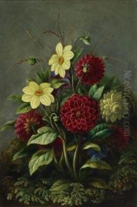 Dahlias And Daisies Amid Ferns And Moss