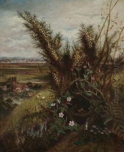A Still Life Of Wild Flowers And
 A Birds Nest, An Extensive View To A Church And River Beyond