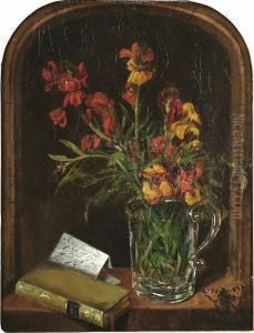 Still Life Of Irises In A Glass Jug In A Niche, With A Book And A Butterfly