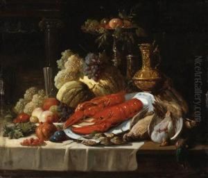 Still Life With Lobster, Oysters, Fruit And Fowl On A Drapedtable. by John Seymour Lucas