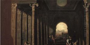 Capriccio Architettonico Con Astanti In Primo Piano E Borgo Turrito In Lontananza