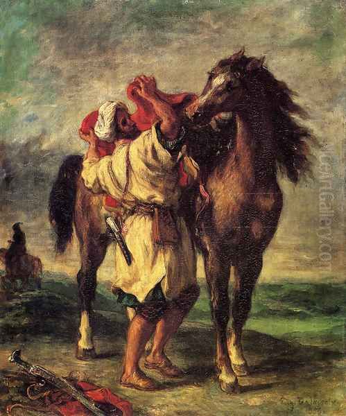 A Moroccan Saddling A Horse - view 1