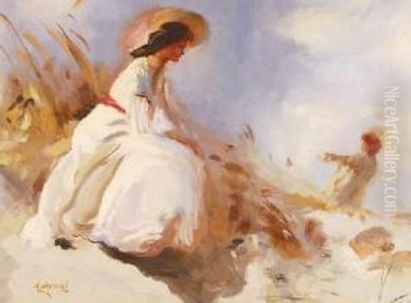Woman Watching A Boy Flying A Kite - view 1