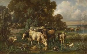 Kuhe Am Seeufer. by Henri Louis Ludwig