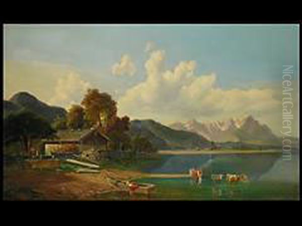 Alpenlandschaft Mit See Und Kuhen - view 1