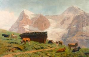 Cows In A Meadow Before The Eiger And Jungfrau. by Albert Lugardon