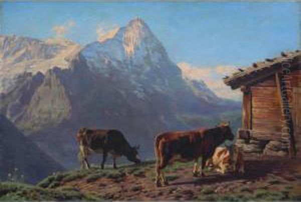 Paysage Aux Montagnes Avec Vaches - view 1