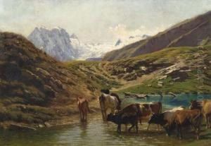 Cows At The Watering Place In The Mountains by Albert Lugardon