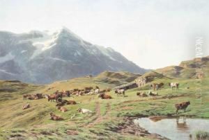 Sommerliche Alp Mit Weidenden Kuhen Im Berner Oberland. by Albert Lugardon