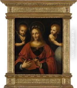 Muttergottes, In Einem Buch Lesend, Christusknabe Mit Weltkugel Undjohannesknabe. by Bernardino Luini