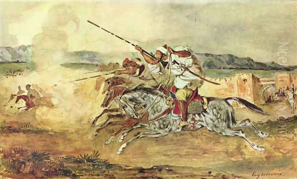 A Turkish Man on a Grey Horse attacking - view 1