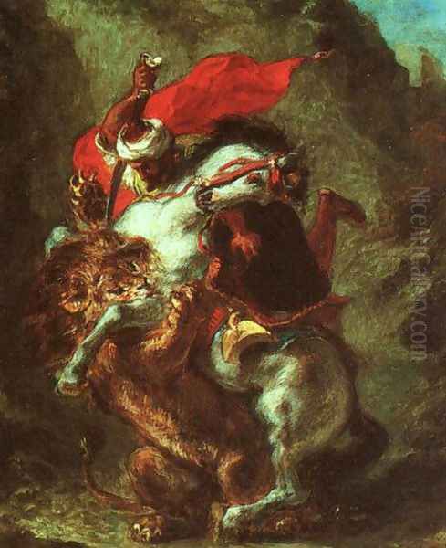 arab horseman attacked by a lion (1849) - view 1