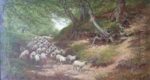 A Shepherd With His Flock On Asunlit Woodland Track by William Snr Luker
