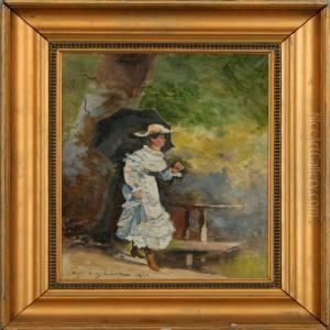 A Strolling Woman With A Sunshade. Signed Carl O. J. Lund 1917