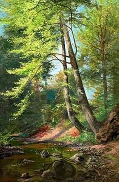 A Forrest With A Stream. Signed Carl O. J. Lund 1911 - view 1