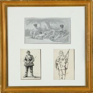 Soldiers Having A Rest Andtwo Studies Of Soldiers by Frederick Christian Lund