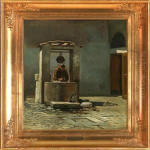 Scene From Rome With A Monk At A Well, At Boneventura by Frederick Christian Lund