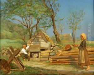 "il Pasto Del Maialino" Olio Su 
Tavoletta Firmato E Datato 1873 In Basso A Destra. In Cornice