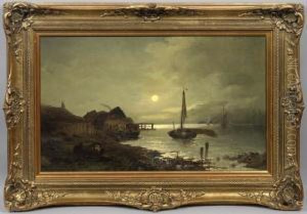 Kustenlandschaft Mit Fischerhausern Und Booten Im Mondschein - view 1