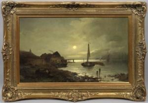 Kustenlandschaft Mit Fischerhausern Und Booten Im Mondschein by Amelia H. Lundahl