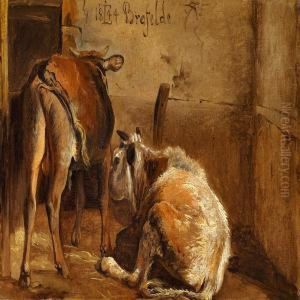 Two Cows In The Stable by Johan Thomas Lundbye