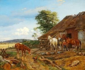 A Farmer Is Unharnessing A 
Horse, While The Foal Half Curious, Half Anxious Is Approaching The Cock